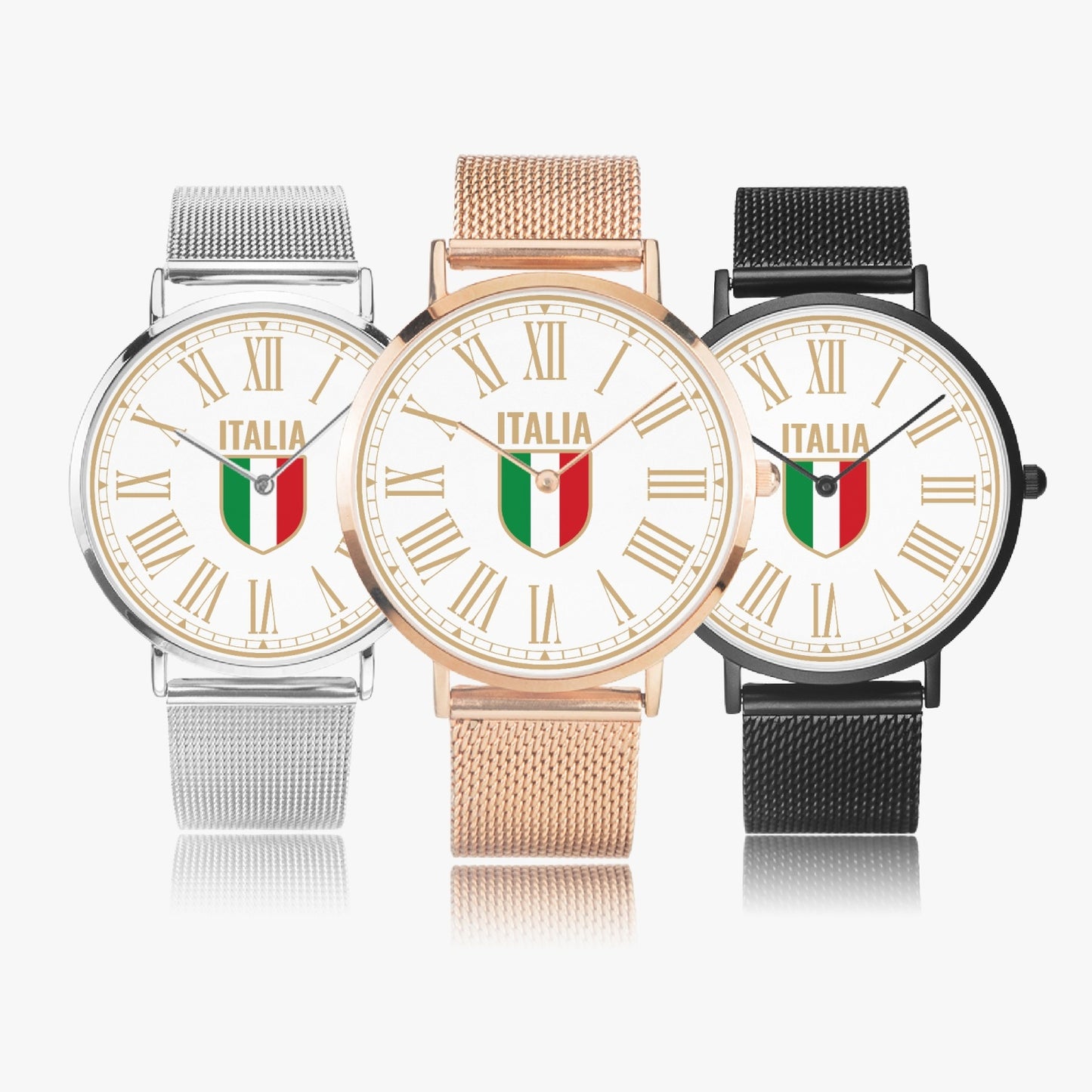 Ultra-thin Stainless Steel Quartz Watch with white face and Roman numerals, featuring Japanese CITIZEN movement and water-resistance, showcased in a stylish group setting.
