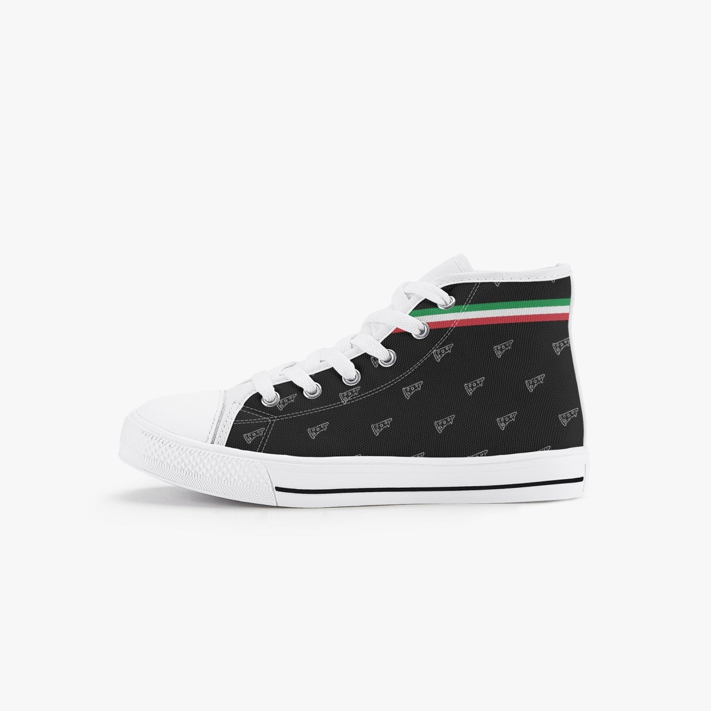 Kid’s High-Top Shoes Pizza pattern, featuring a classic lace-up design with metal eyelets, canvas upper, and rubber outsole, perfect for versatile wear.