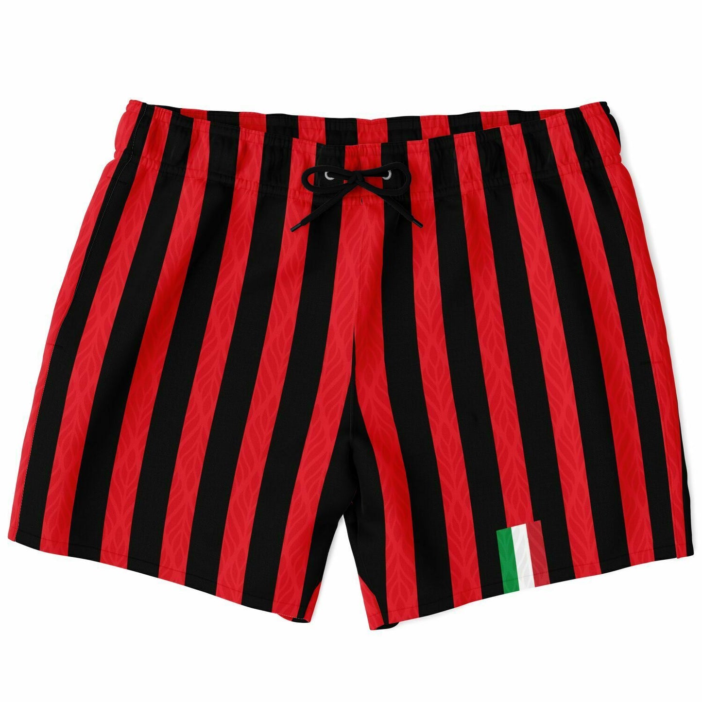 Milan Swim trunks with red and black stripes, featuring a drawstring waistband and mesh-lined pockets, ideal for a stylish and comfortable beach day.