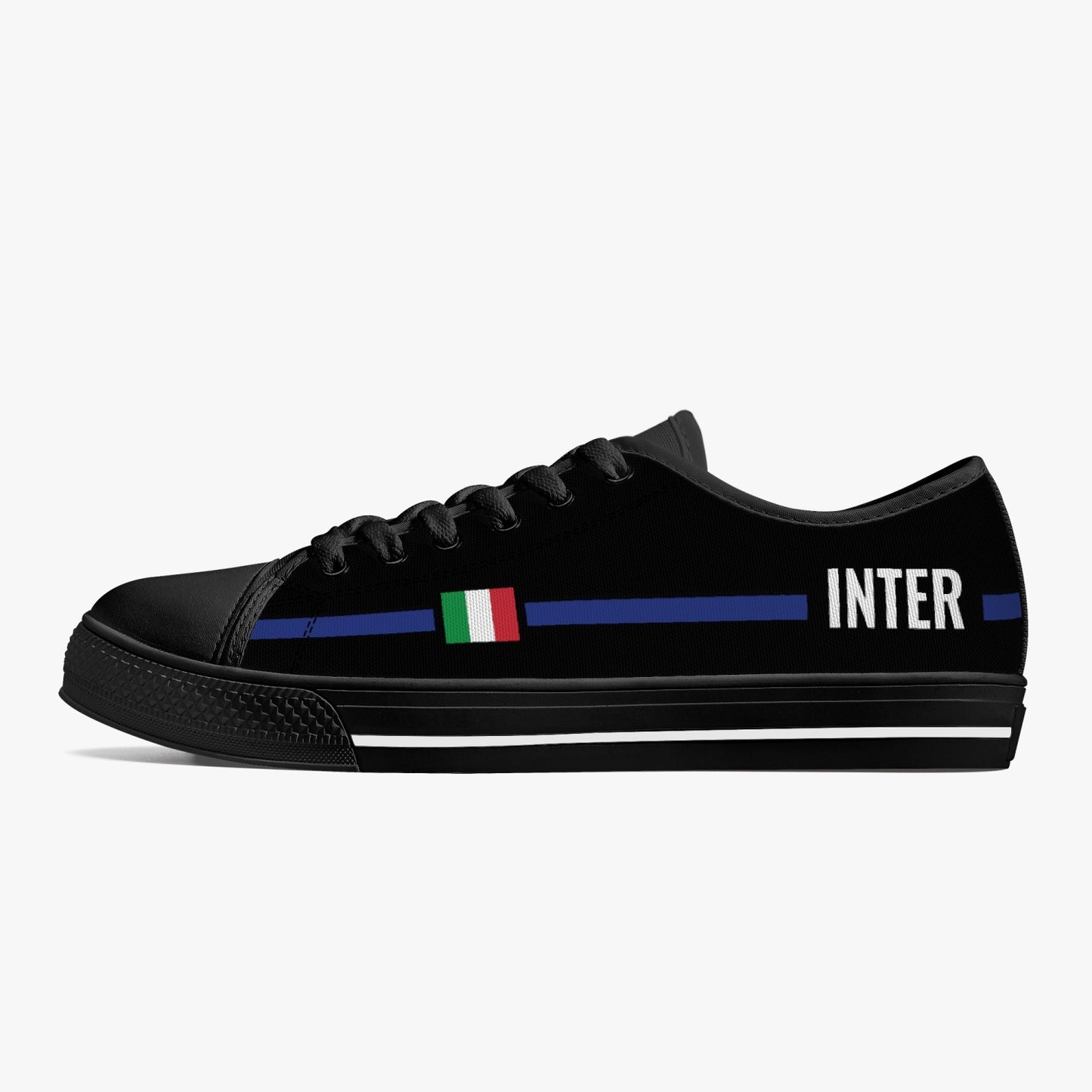 Low-Top Shoes - Inter - men's with a black canvas upper, white and blue stripes, and lace-up closure, showcasing a blend of classic and sporty design.