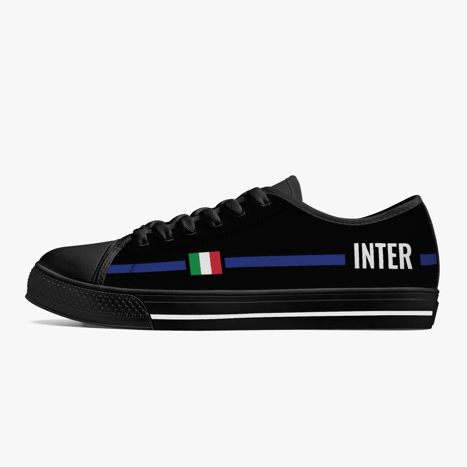 Low-Top Shoes - Inter - women's, featuring a black canvas with blue and white stripes, metal eyelets, and lace-up closure for a classic look.