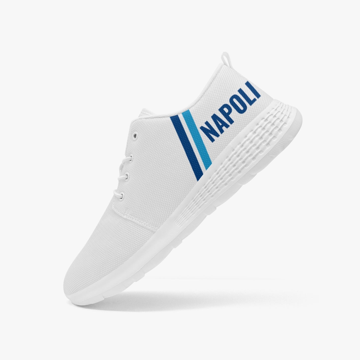 Napoli Running Shoes in men's/women's sizes, featuring a sleek white design with blue accents, ideal for lightweight comfort and enhanced flexibility during workouts.
