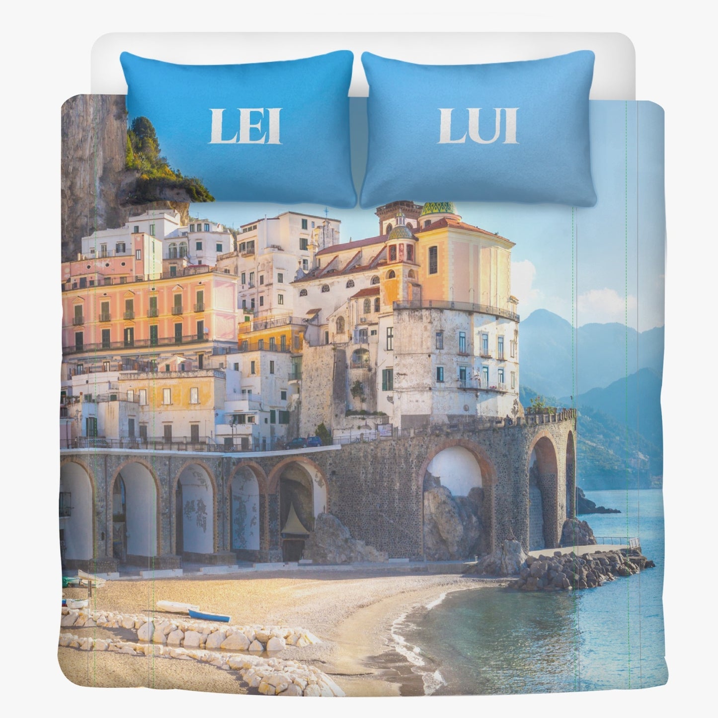 Bedding Set - Amalfi Coast Italy: Features a building design on premium polyester duvet with two pillow covers, highlighting exquisite sewing and stitching patterns.