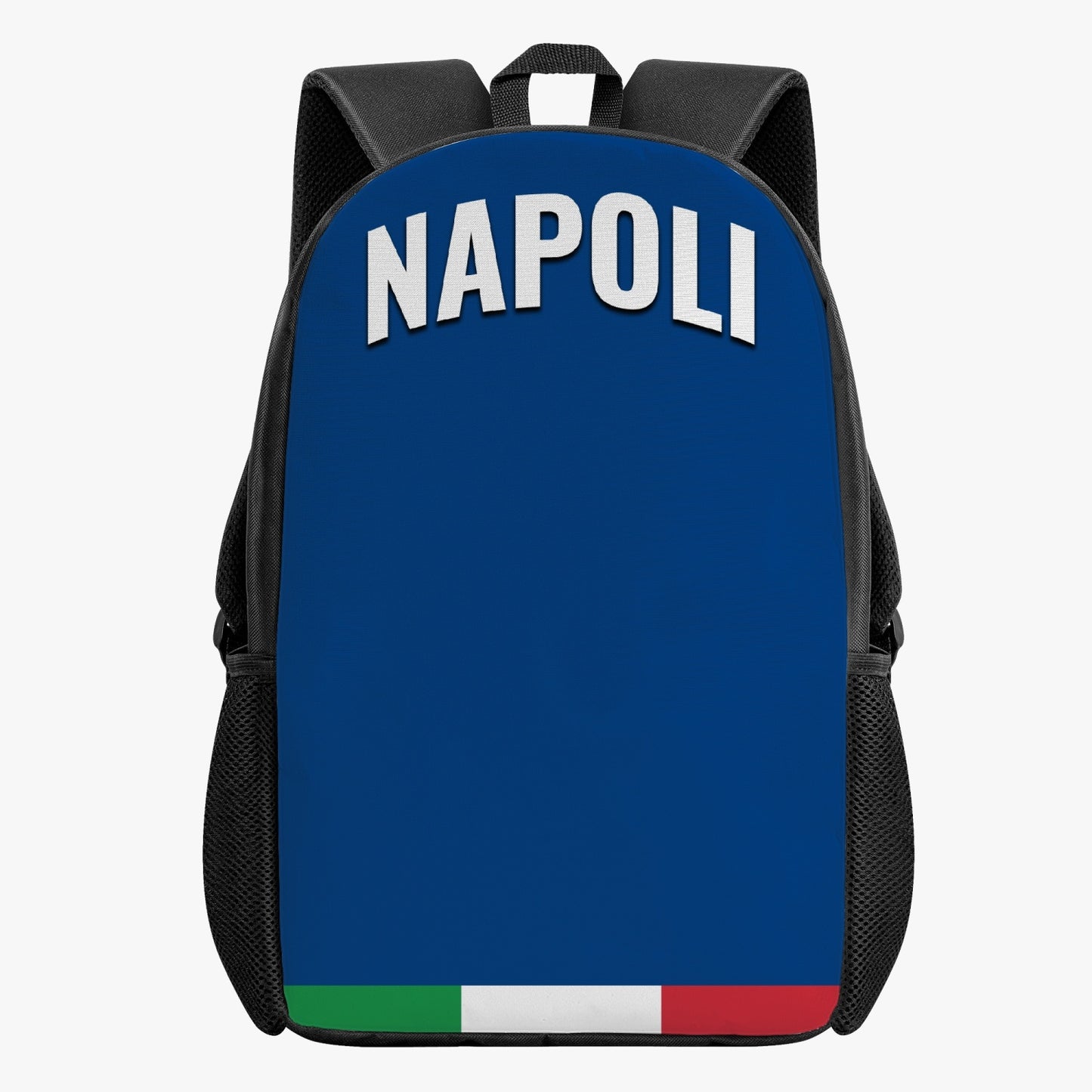 Napoli Kid's School Backpack featuring white text logo, designed for comfort and style, with spacious interior and convenient side pockets for easy storage.