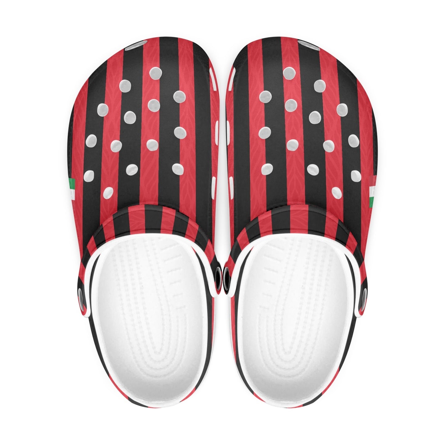 Milan Clogs shoes featuring a red and black striped design, soft EVA upper, and durable anti-slip outsole, suitable for indoor and outdoor wear.