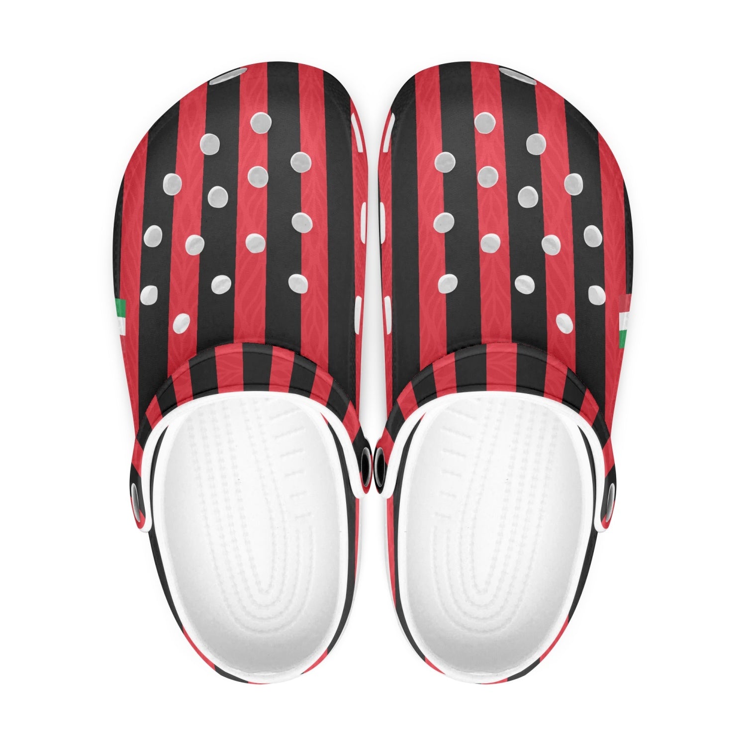 Milan Clogs shoes featuring a red and black striped design, soft EVA upper, and durable anti-slip outsole, suitable for indoor and outdoor wear.