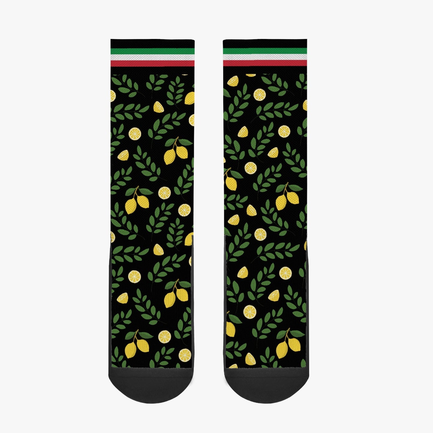 Socks Italian lemons featuring lemon and leaf patterns, crafted from premium polyester and cotton blend for comfort. Designed for unisex wear with seamless toes.