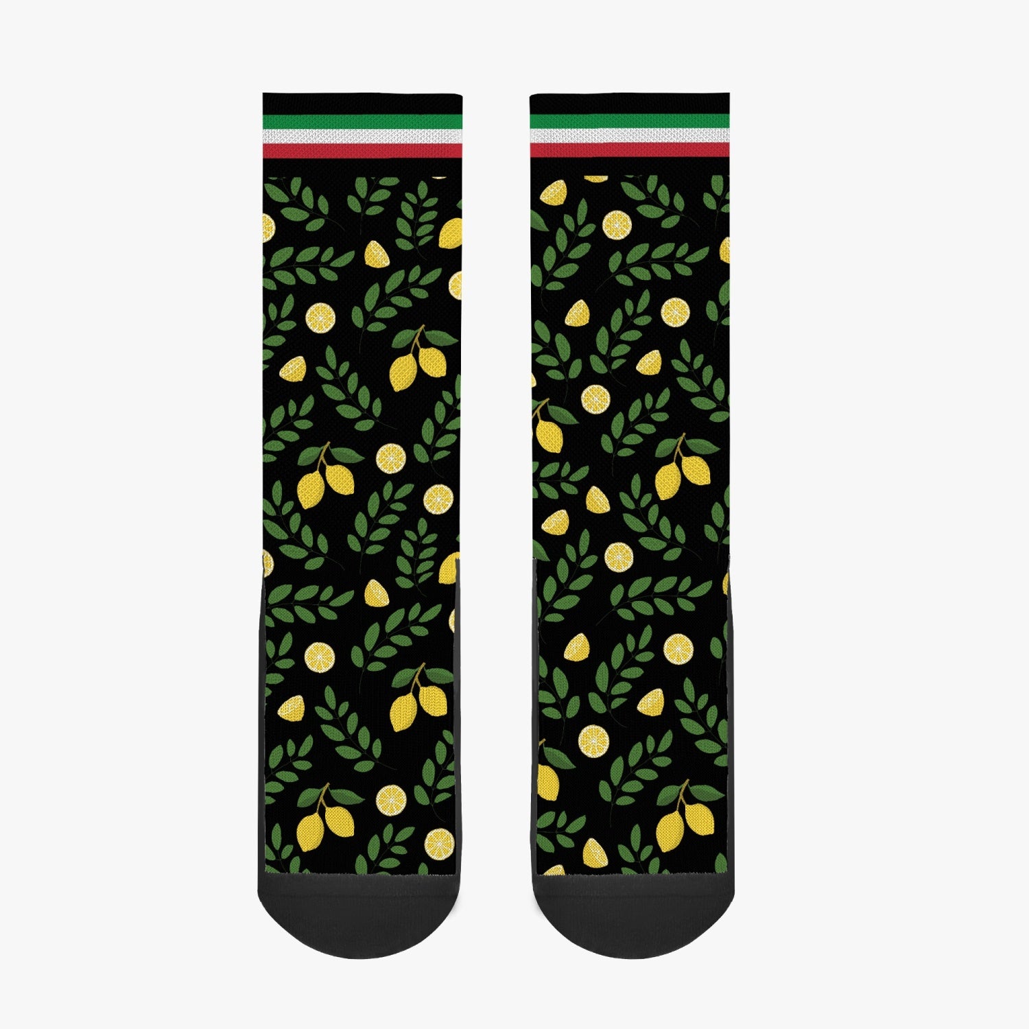 Socks Italian lemons featuring lemon and leaf patterns, crafted from premium polyester and cotton blend for comfort. Designed for unisex wear with seamless toes.