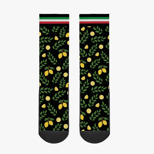 Socks Italian lemons featuring lemon and leaf patterns, crafted from premium polyester and cotton blend for comfort. Designed for unisex wear with seamless toes.