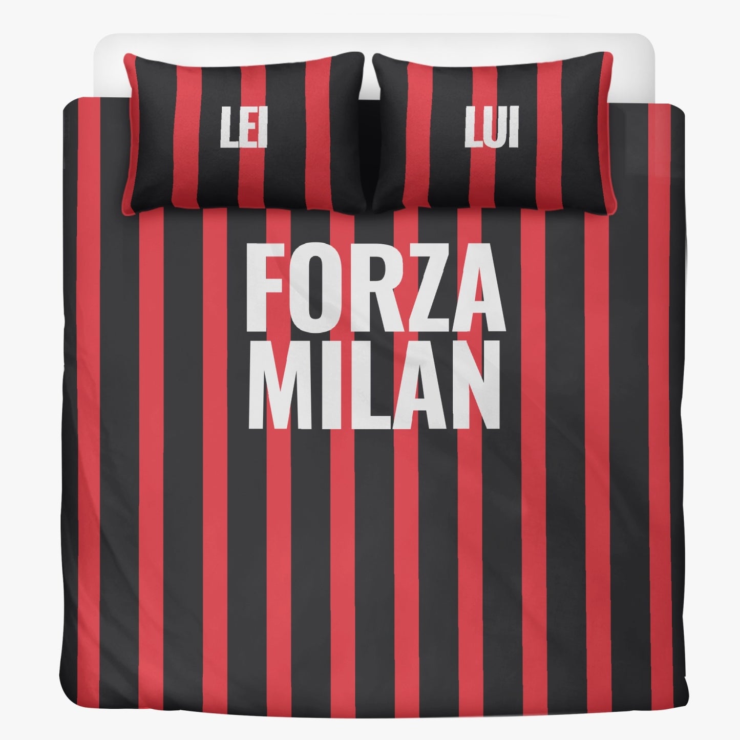 Bedding Set - Forza Milan: Premium polyester duvet with red and black stripes, includes two pillow covers, featuring exquisite stitching and zipper closure.