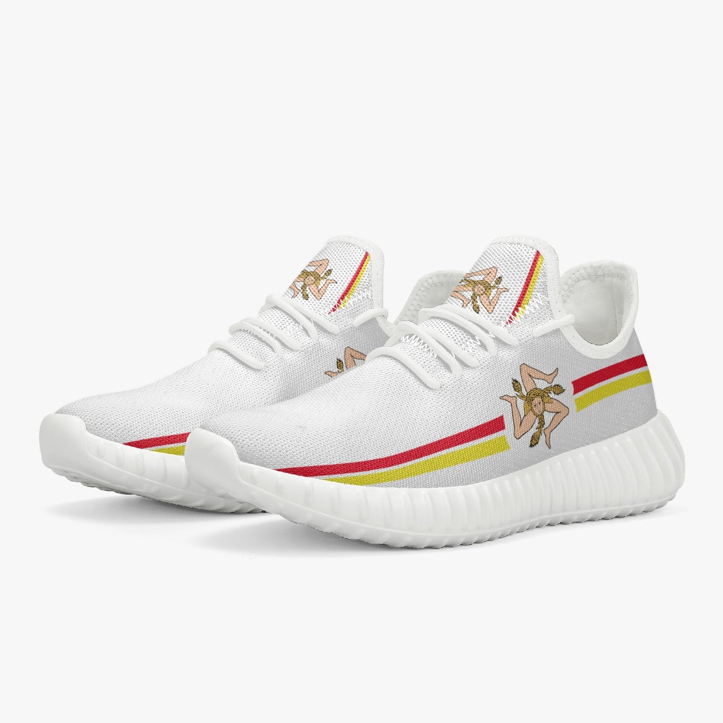 Sicily women's knit sneakers featuring cartoon character design and red, yellow, blue accents, offering comfort and style through a lace-up closure and EVA outsole.