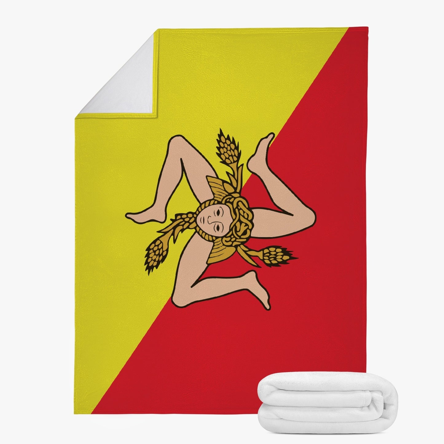 Sicily Fleece Blanket featuring a red and yellow design with a man's illustration, crafted from high-quality suede polyester for warmth and dual-sided durability.