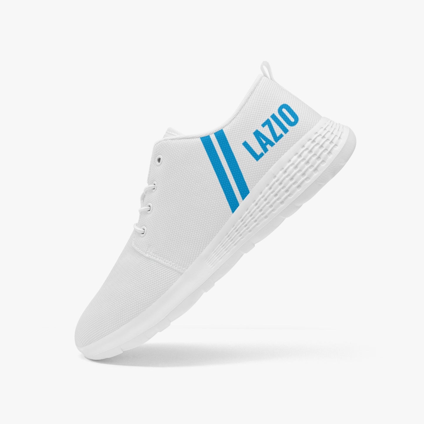 Lazio Running Shoes, featuring lightweight soles and breathable mesh, displayed with blue text detail. Suitable for outdoor exercise with lace-lock style.