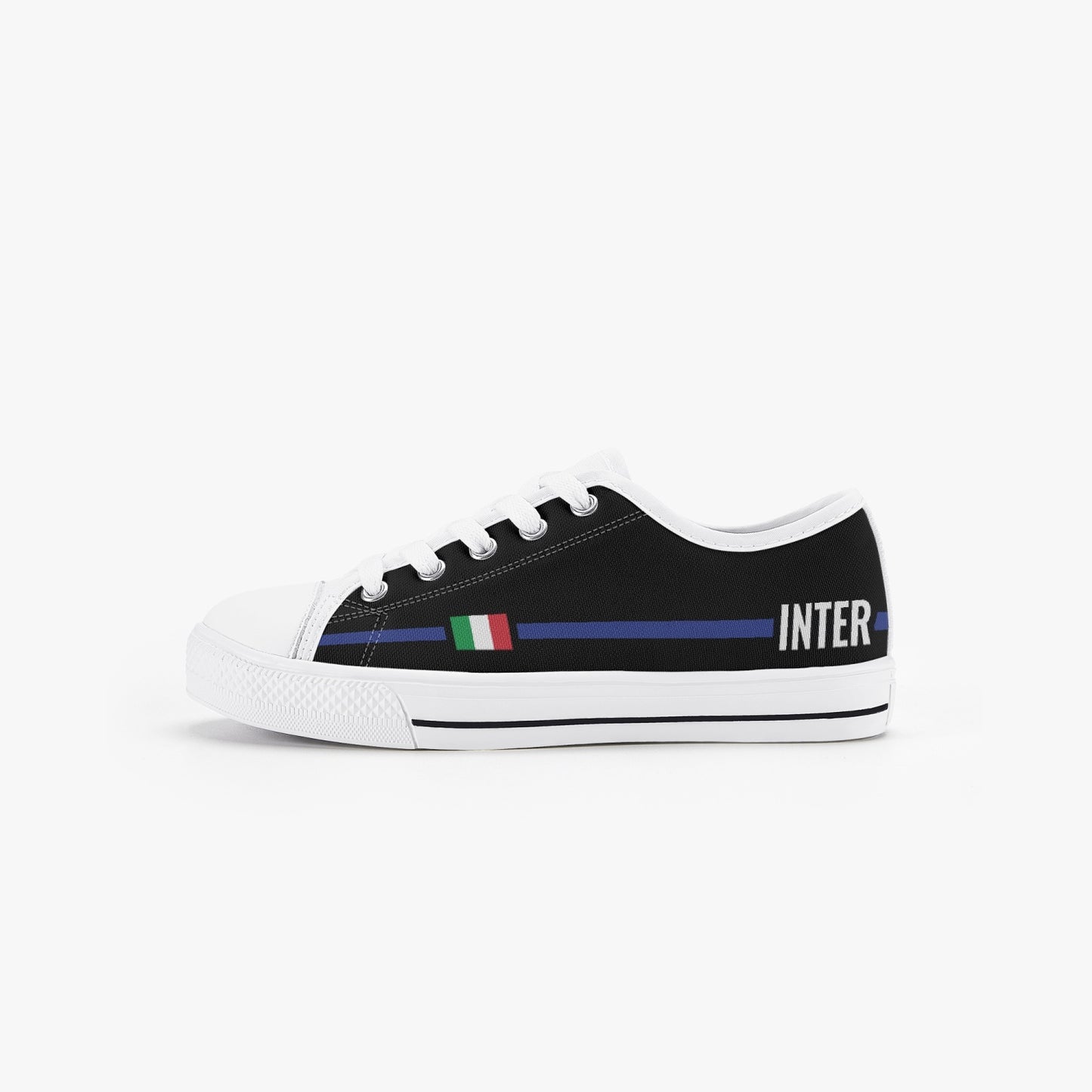 Kid’s Low-Top Shoes Inter featuring a black and white design with a flag detail, canvas upper, rubber outsole, and lace-up closure for a classic look.