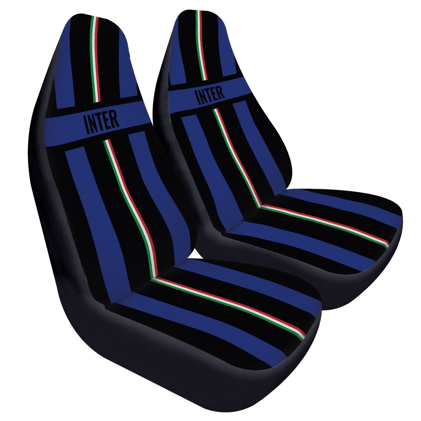 Inter Car Seats Cover 2Pcs featuring blue and black design, made of premium microfiber fabric for breathability and protection, suitable for most car and SUV bucket seats.