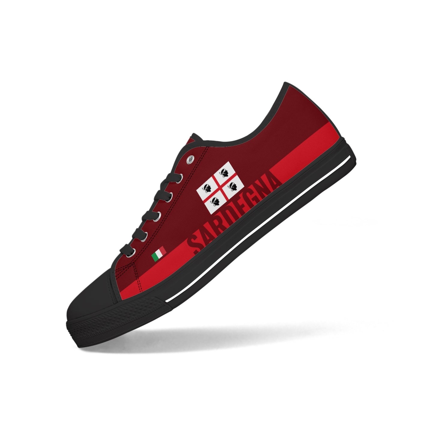 Sardinia Shoes Low-top V2: Red and black canvas sneakers with metal eyelets, rubber outsole, and lace-up closure, highlighting Italian craftsmanship from Italiadistrict.com.