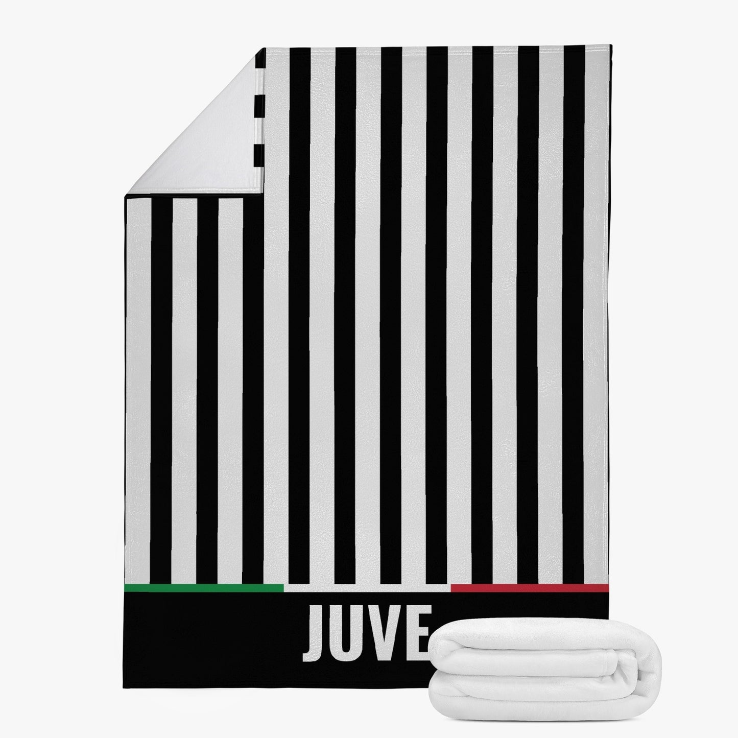 Juve Fleece Blanket with black and white stripes, featuring premium suede polyester for warmth and comfort, ideal for winter use and machine washable.