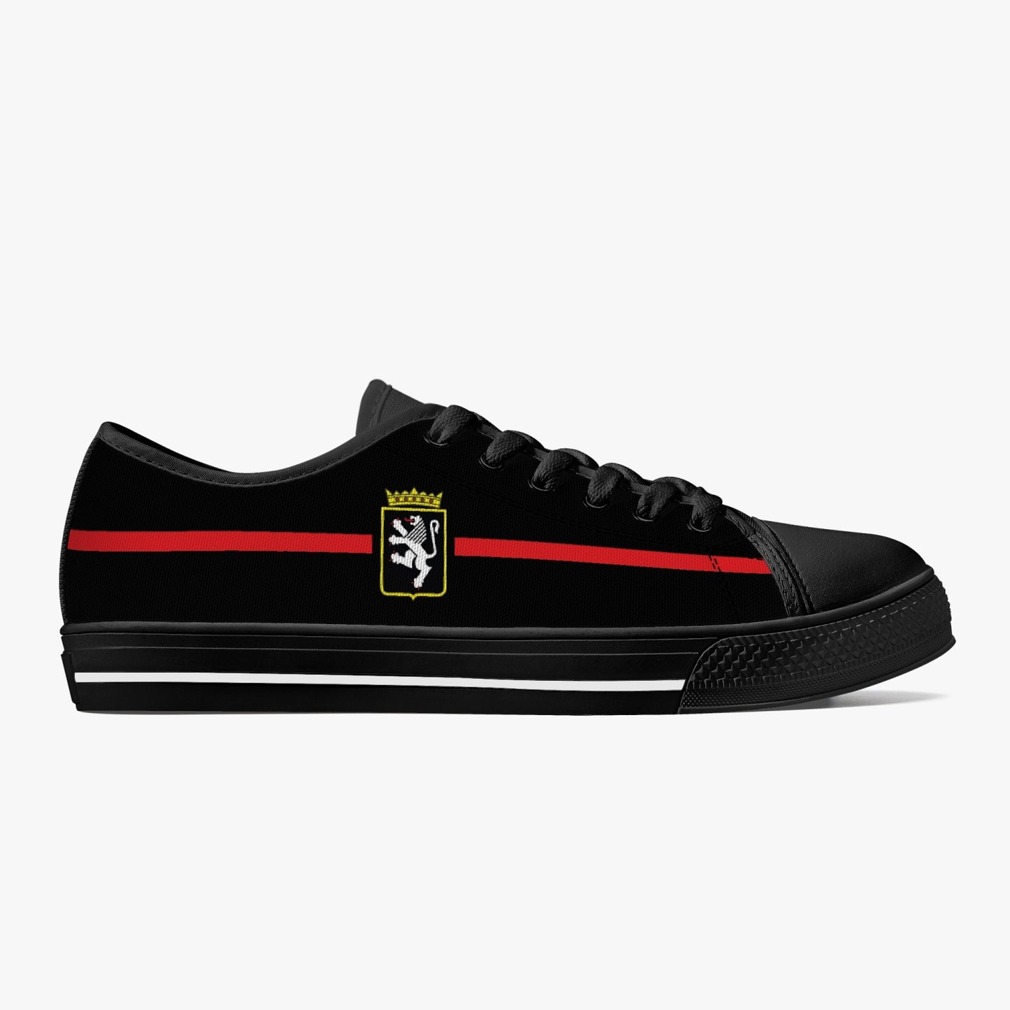 Low-Top Shoes - Val d'Aosta - women's; black sneaker with a red stripe and lion logo, featuring rubber outsole and canvas upper with lace-up closure.