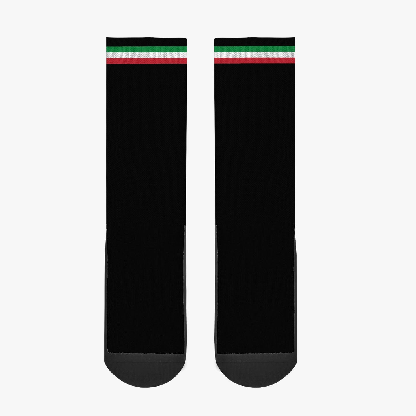 Socks Italy: Black socks featuring red, green, and white stripes, crafted from a premium polyester-cotton blend for comfort and enhanced sweat absorption.