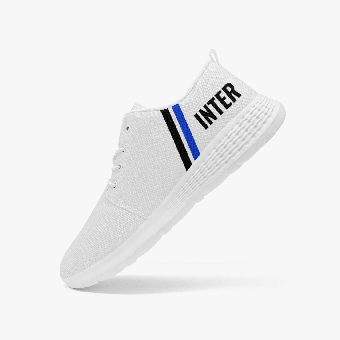 Inter Running Shoes in men's and women's sizes, featuring a sleek design with blue and black stripes, ideal for outdoor activities with lightweight and breathable materials.