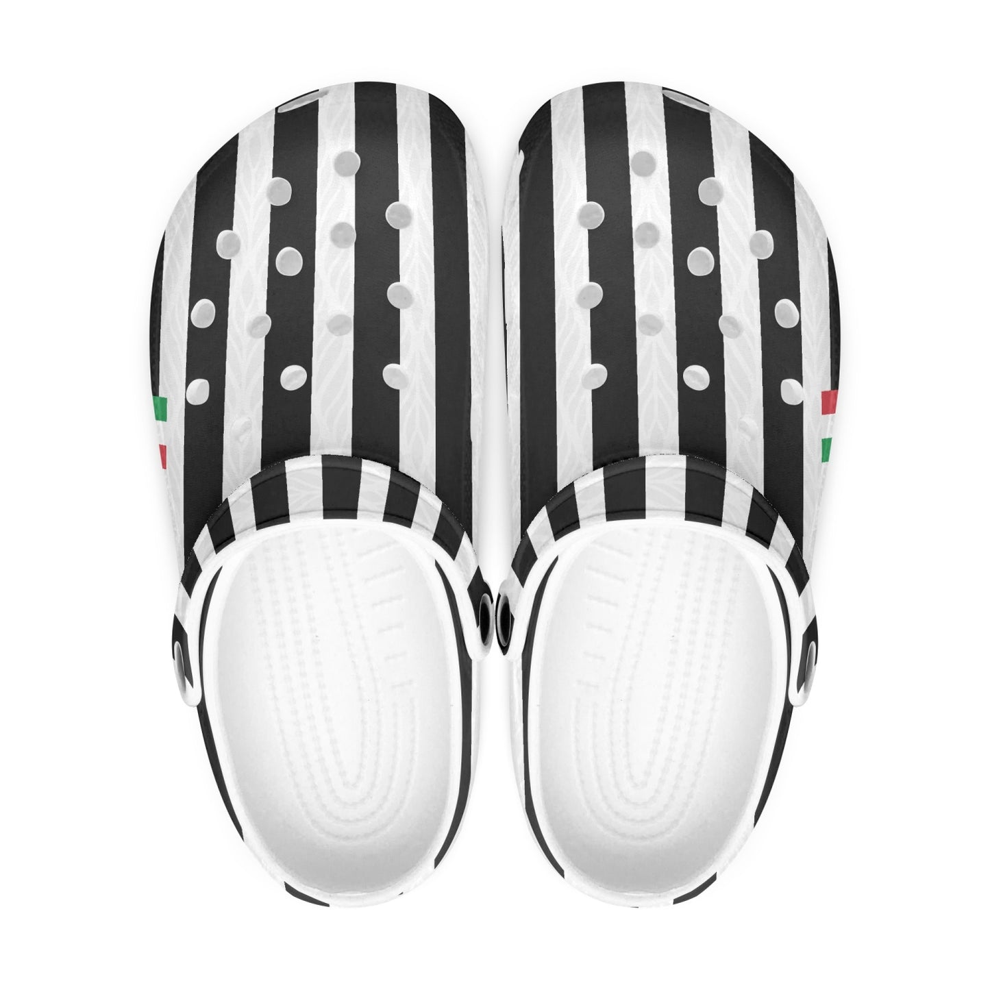 Juve Clogs shoes featuring black and white stripes, lightweight EVA upper, and durable anti-slip outsole, suitable for indoor and outdoor use, embodying Italian style.