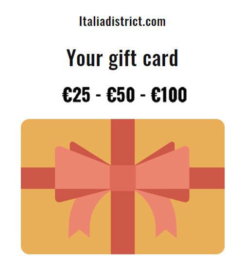 Voucher card - Italiadistrict.com with a bow, valid for all products on the website for one year, extendable upon request.