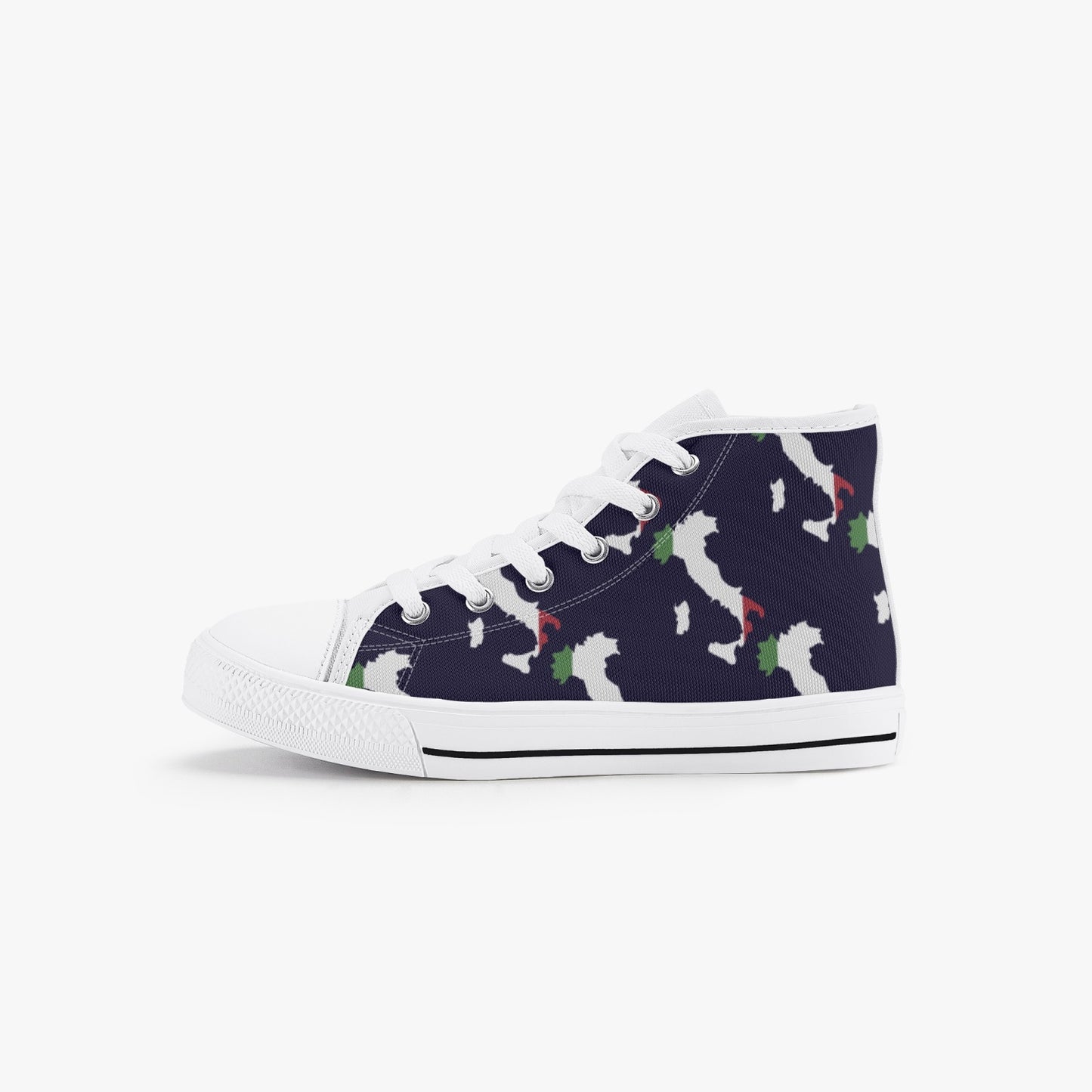 Kid’s High-Top Shoes Italy map, featuring lightweight canvas with rubber outsole, metal eyelets, and lace-up closure, perfect for kids' everyday wear.