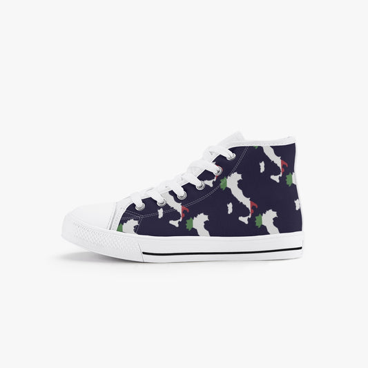 Kid’s High-Top Shoes Italy map, featuring lightweight canvas with rubber outsole, metal eyelets, and lace-up closure, perfect for kids' everyday wear.