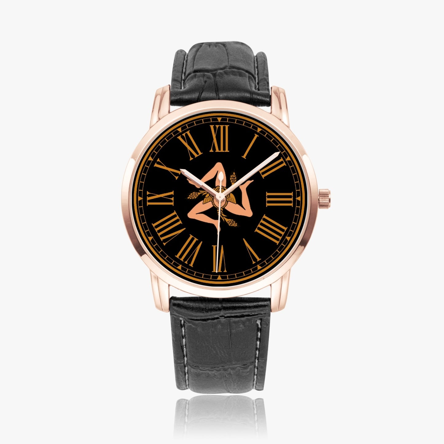 Quartz watch - Sicilian Trinacria with black face, gold hands, black leather band, and stainless steel case, reflecting Italian craftsmanship.