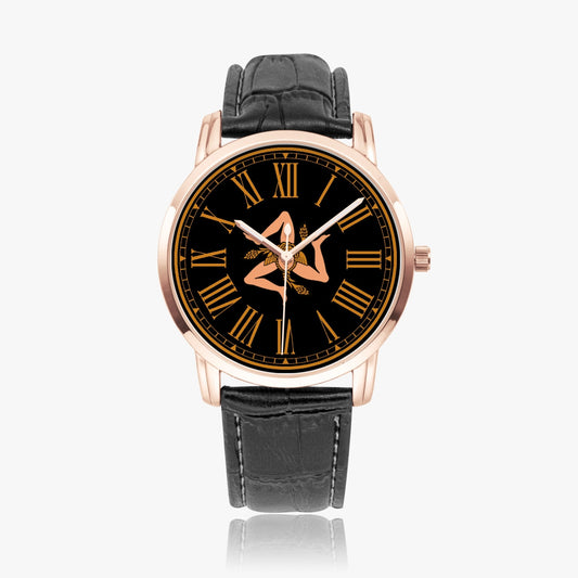 Quartz watch - Sicilian Trinacria with black face, gold hands, black leather band, and stainless steel case, reflecting Italian craftsmanship.