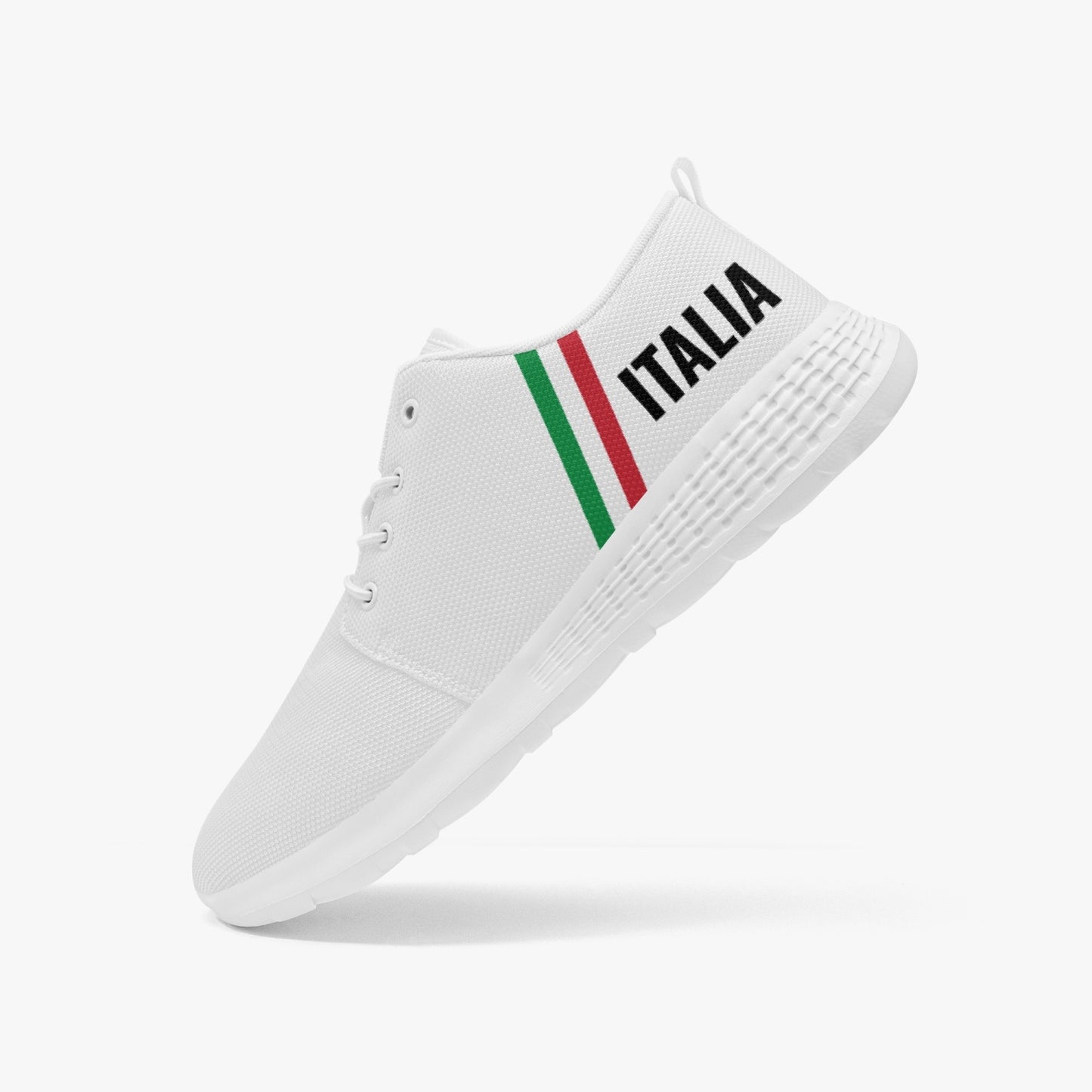Italy Running Shoes featuring a green stripe, lightweight MD soles, cushioning EVA insoles, and breathable mesh material, ideal for active outdoor exercise.