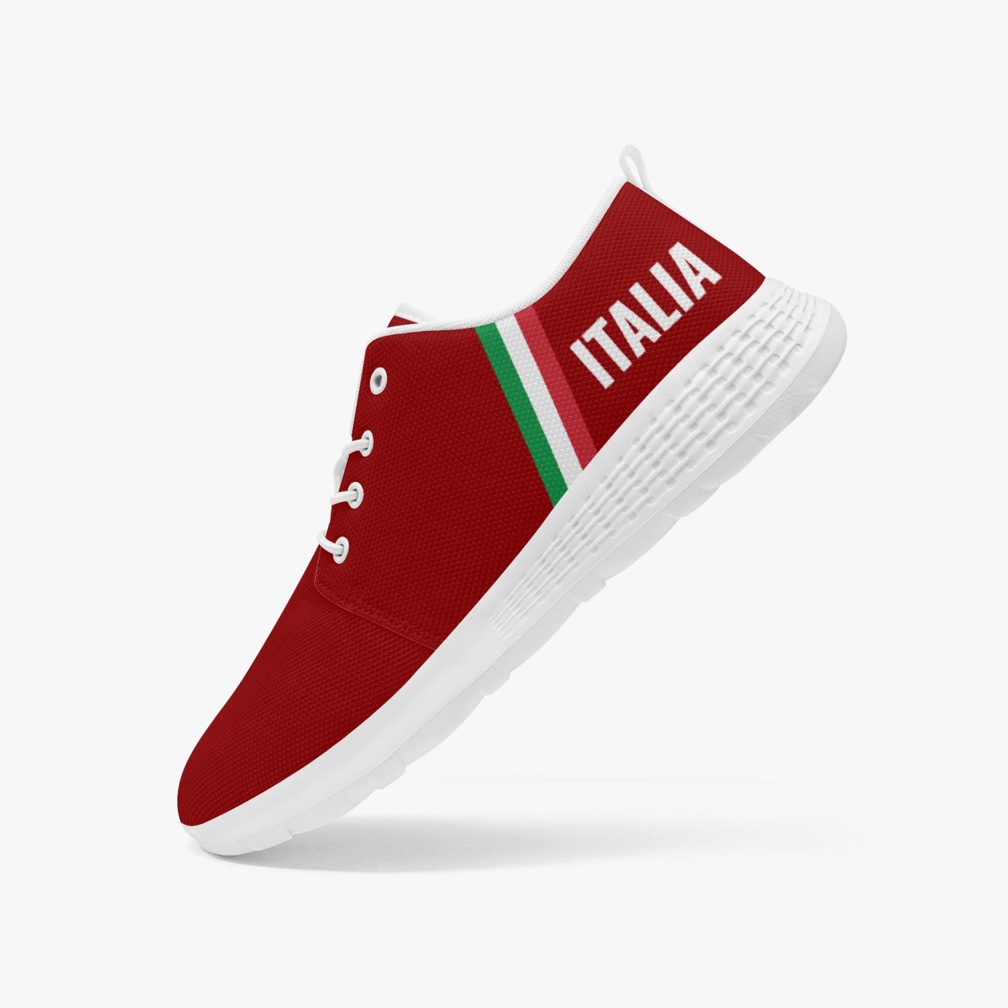 Italy Running Shoes - Forza Italia, featuring a red design with white sole, breathable mesh, and lace-lock style, ideal for both men's and women's sizes.