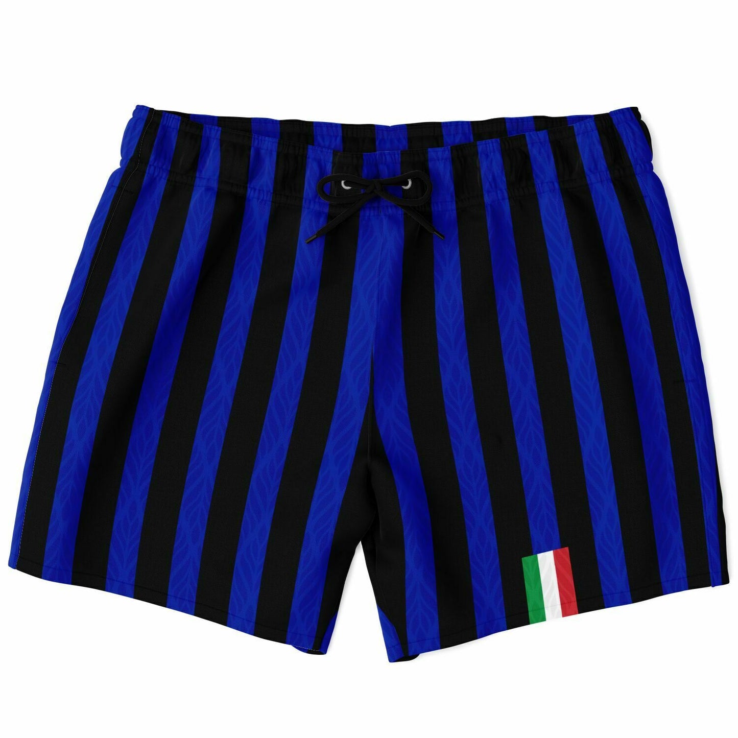 Inter Swim trunks, featuring a blue and black striped design, fast-dry fabric, elastic waistband, drawstring, and mesh lining, ideal for stylish comfort above the knee.