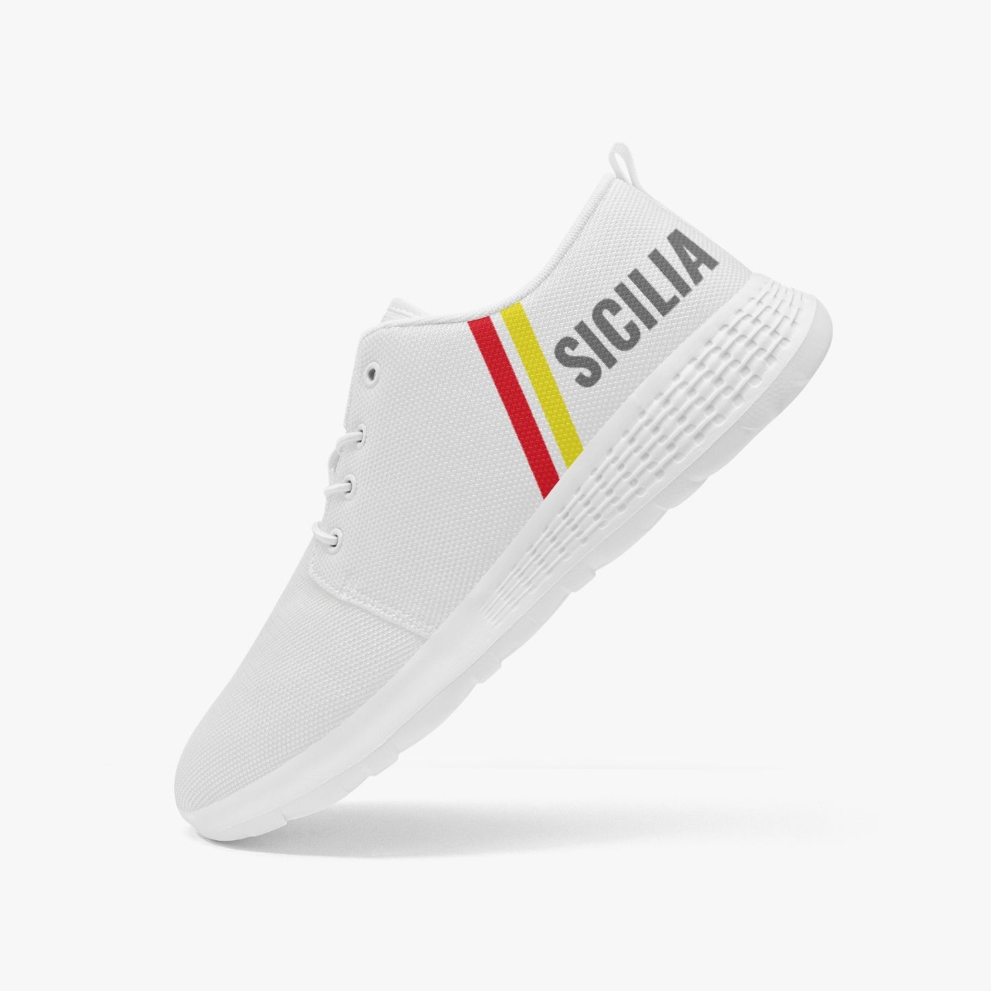 Sicily Running Shoes - Sicilia: White sneaker with red and yellow stripes, featuring breathable mesh and lace-lock style for optimal comfort and flexibility in men's and women's sizes.