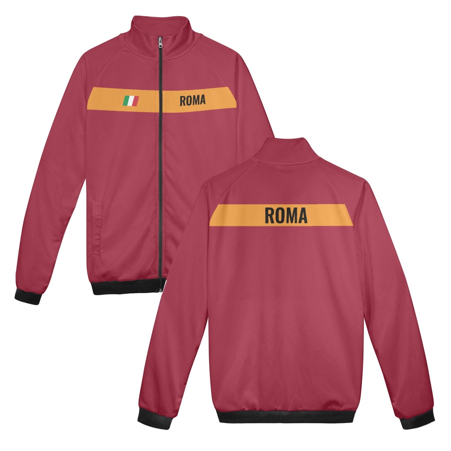 Roma zip Jacket with yellow stripes, featuring a stylish stand collar, reinforced cuffs, and a roomy front pocket, crafted from premium polyester for comfort.