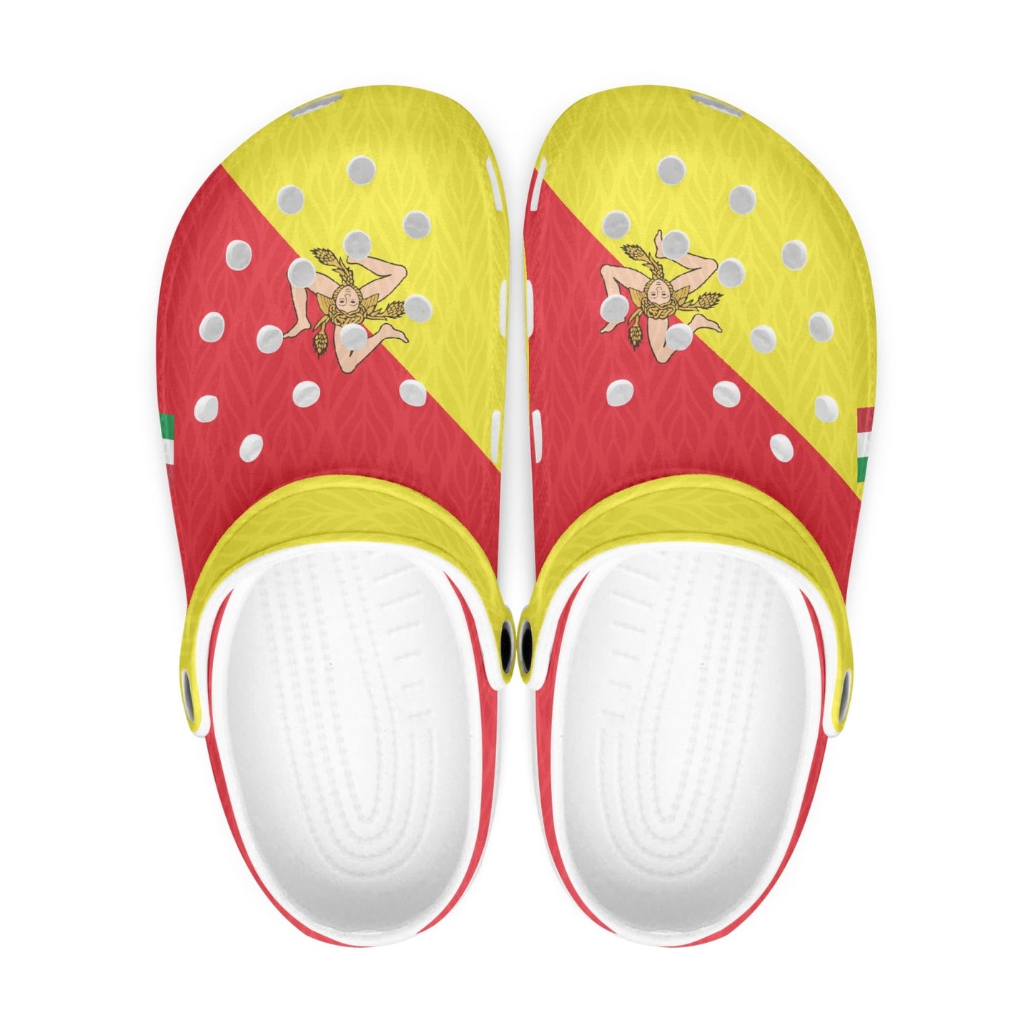 Sicily Clogs shoes featuring a red and yellow design with a cartoon character, offering comfort with lightweight EVA upper and durable anti-slip outsole.