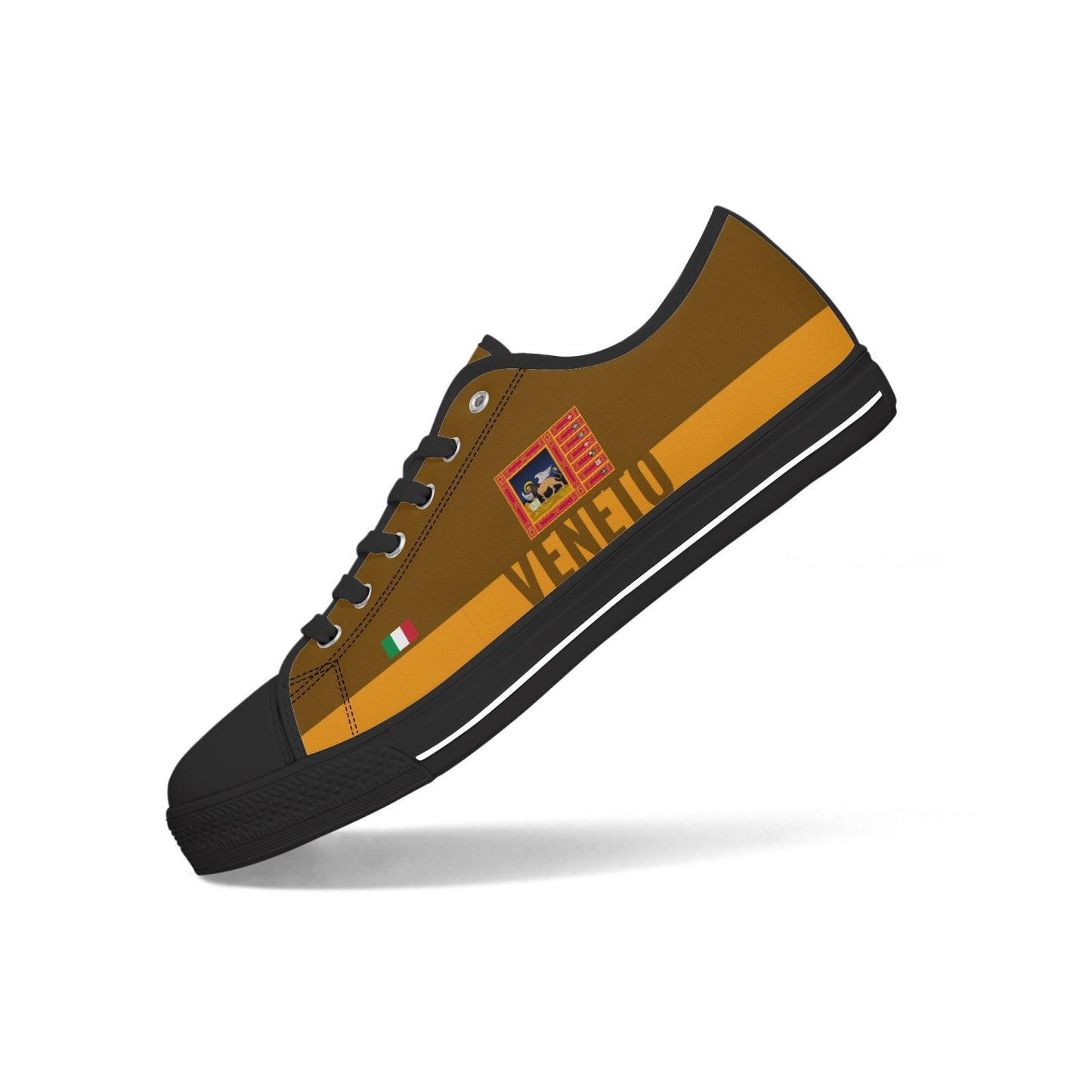 Veneto Shoes Low-top V2, featuring a brown and black sneaker design, rubber outsole, canvas upper, and lace-up closure, ideal for stylish comfort.