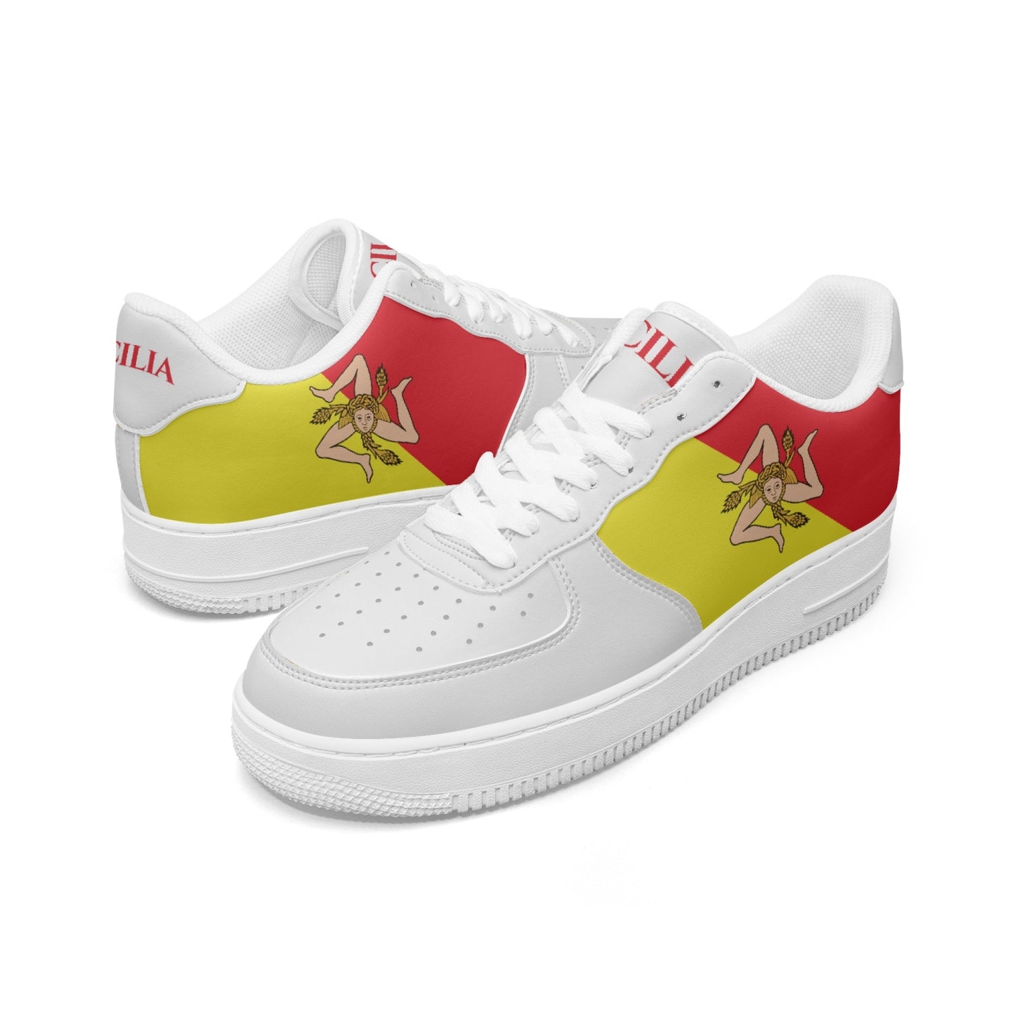 Sicily Leather Sports Sneakers featuring a red and yellow flag design, offering unisex sizes with premium leather and mesh for style and comfort.