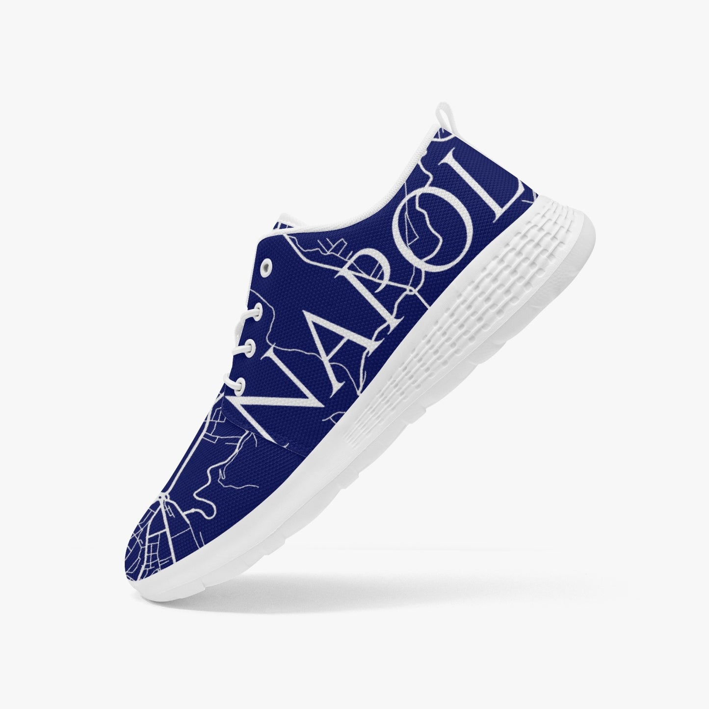 Napoli City Map Running Shoes with lace-lock design, featuring breathable mesh for comfort and flexibility. Available in men's and women's sizes.