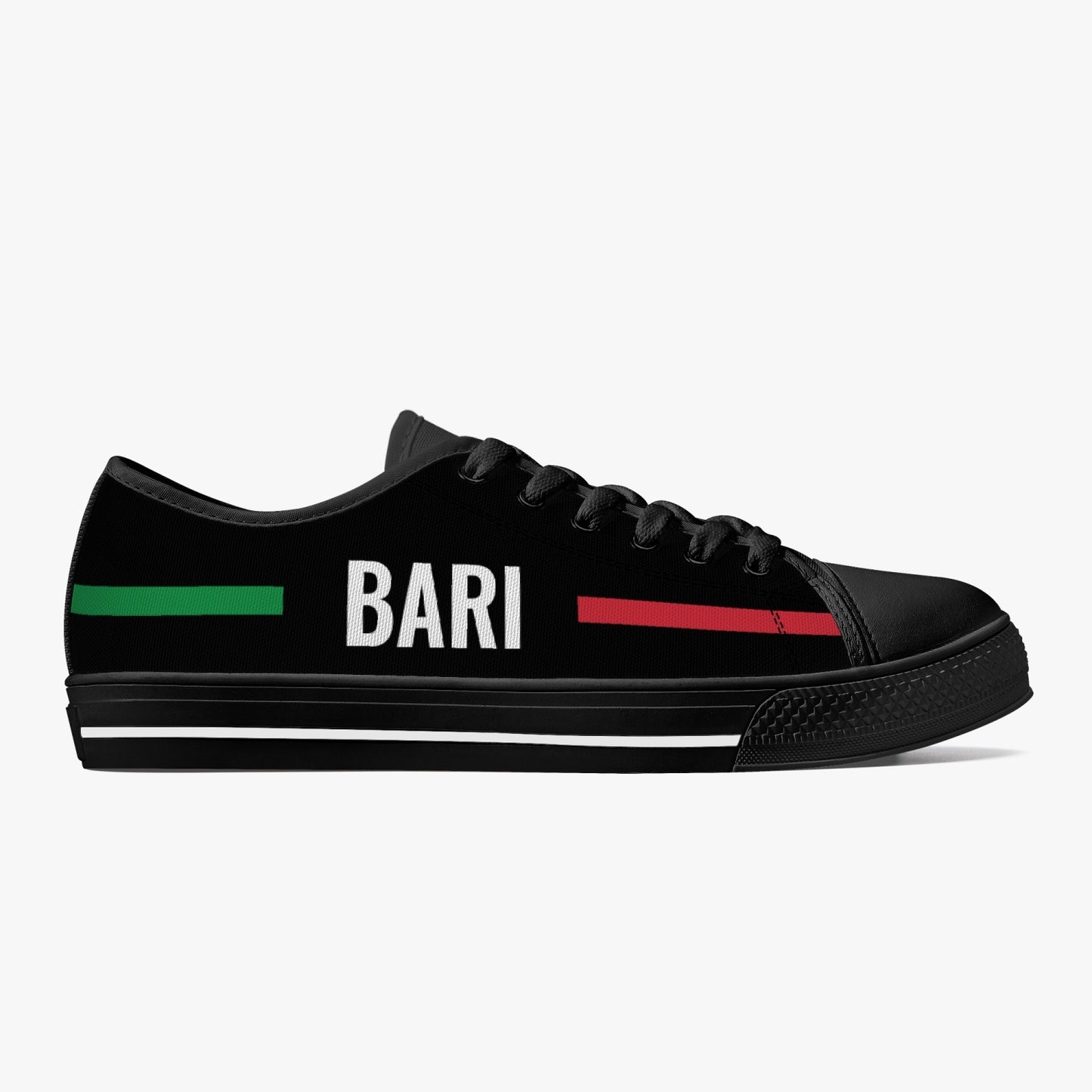 Low-Top Shoes - Bari: Black canvas sneakers with customizable white text, featuring rubber outsoles, metal eyelets, and lace-up closure for a classic look.
