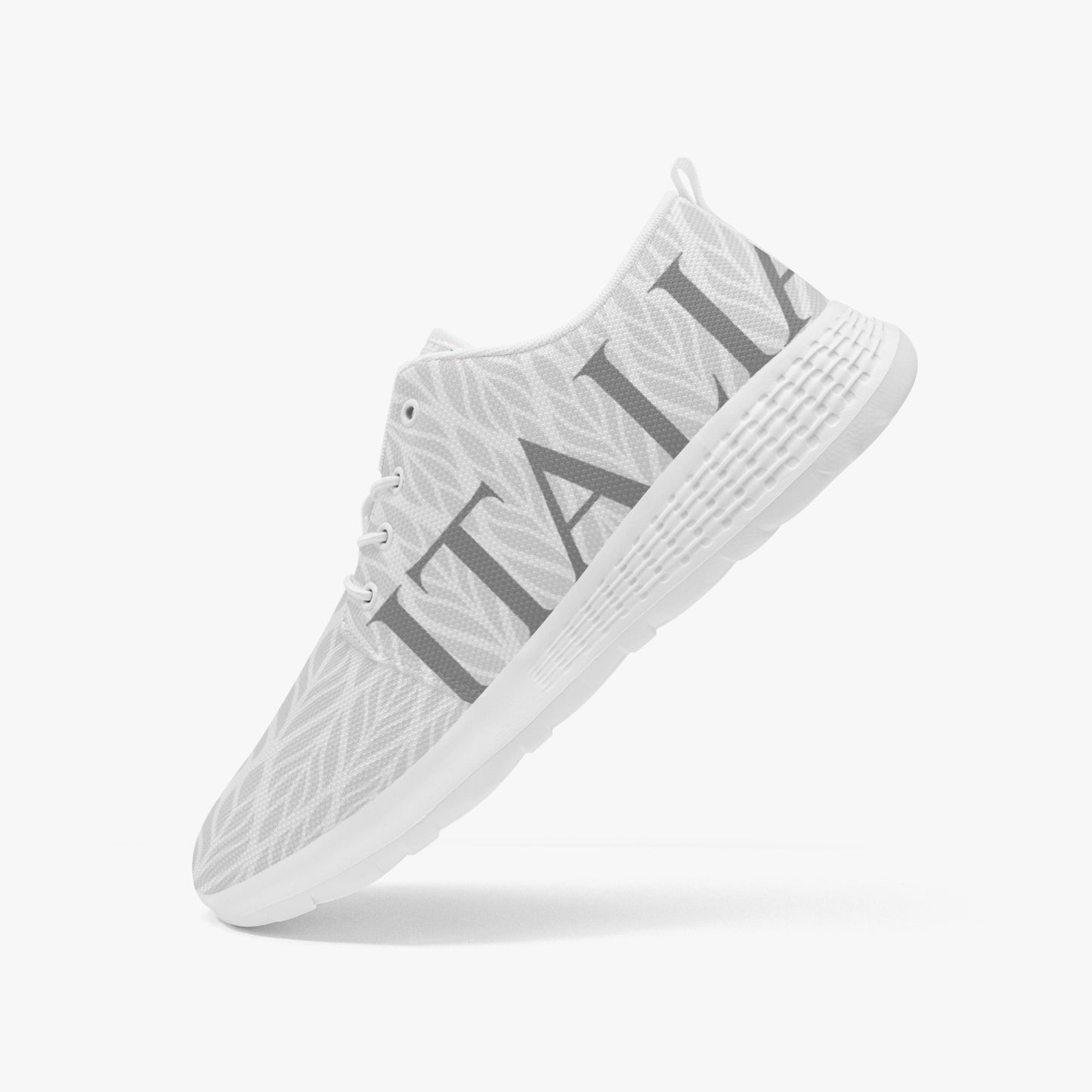 Italia pattern Running Shoes white—men's/women's sizes, featuring a sleek design with grey text, lightweight MD soles, and breathable mesh material for optimal comfort.