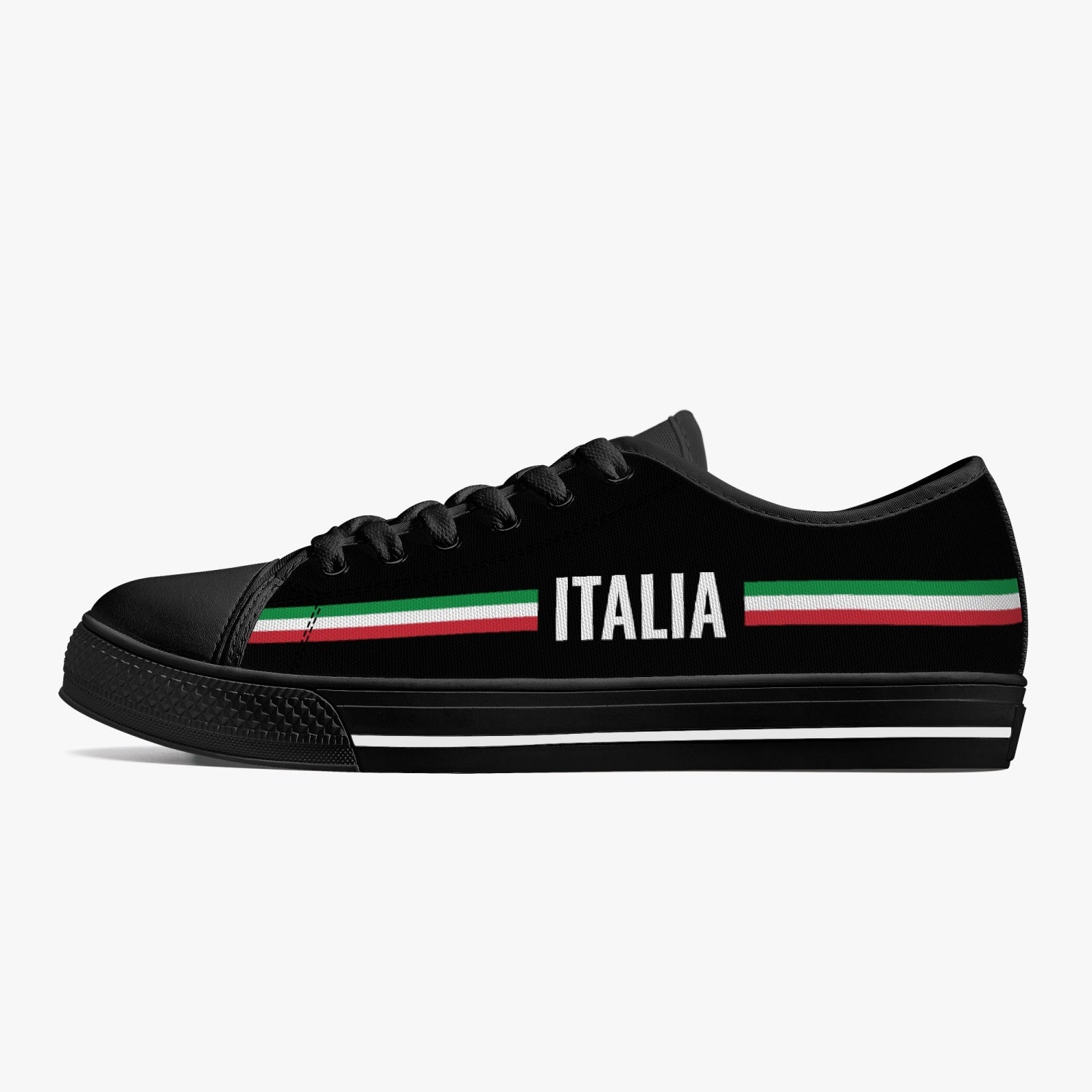 Low-Top Shoes - Italia - men's, featuring a black canvas with white text, rubber outsole, metal eyelets, and lace-up closure for a classic Italian-inspired look.