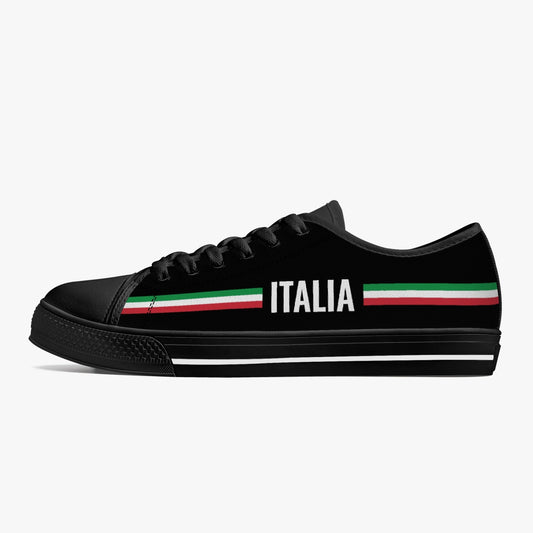 Low-Top Shoes - Italia - men's, featuring a black canvas with white text, rubber outsole, metal eyelets, and lace-up closure for a classic Italian-inspired look.