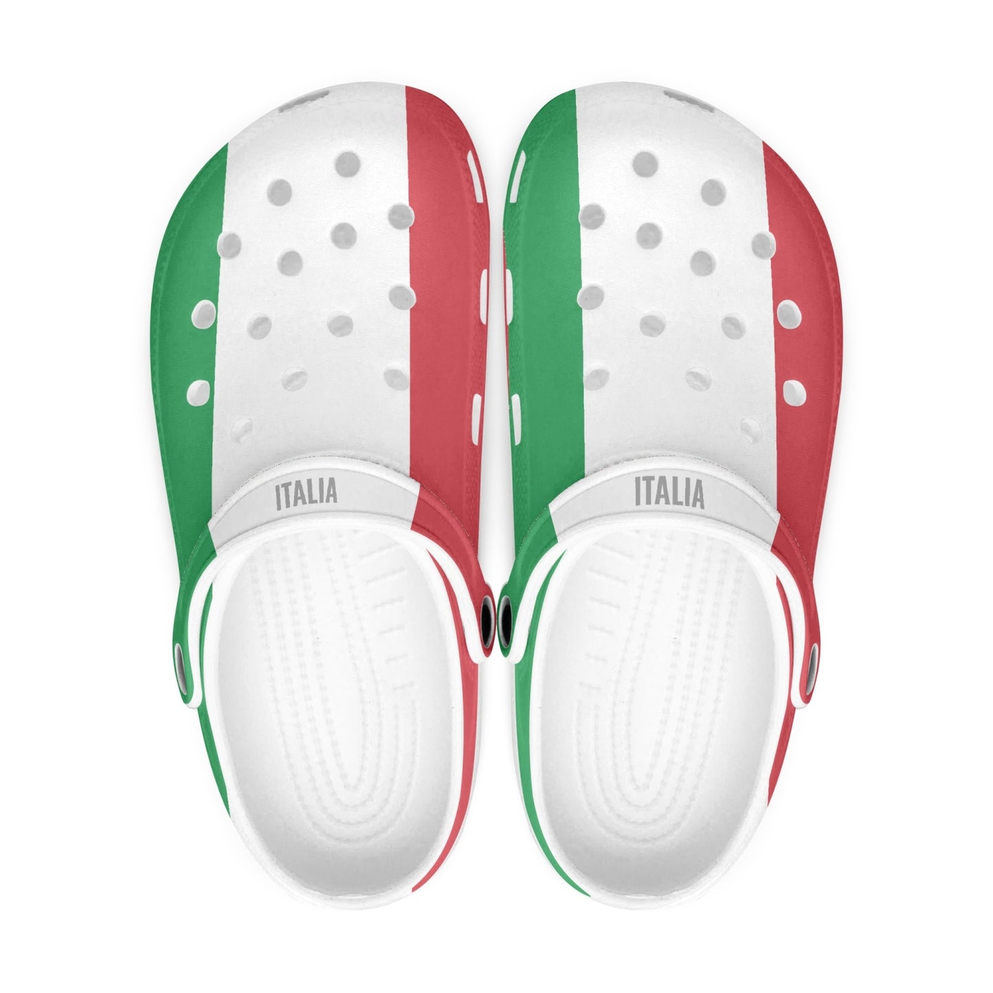 Italy Clogs shoes featuring a flag pattern, designed with soft EVA upper vamps and durable anti-slip outsole, suitable for indoor and outdoor use.
