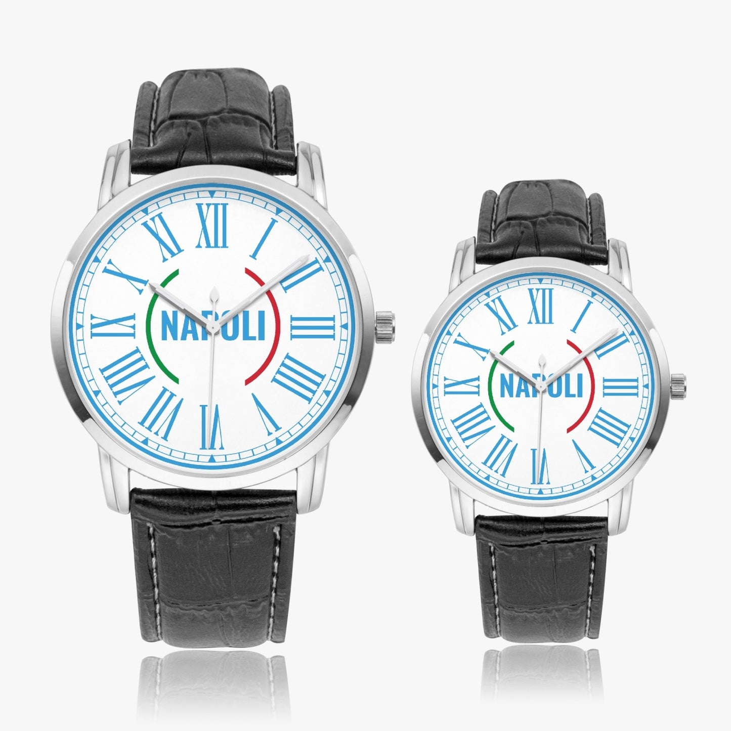 Quartz watch - Napoli with black leather straps, white face, blue Roman numerals, and premium stainless steel case, showcasing Italian craftsmanship.