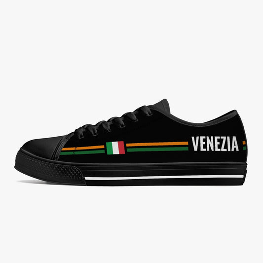 Low-Top Shoes - Venezia - men's feature a black canvas design with metal eyelets, lace-up closure, and a white text detail, ideal for casual wear.