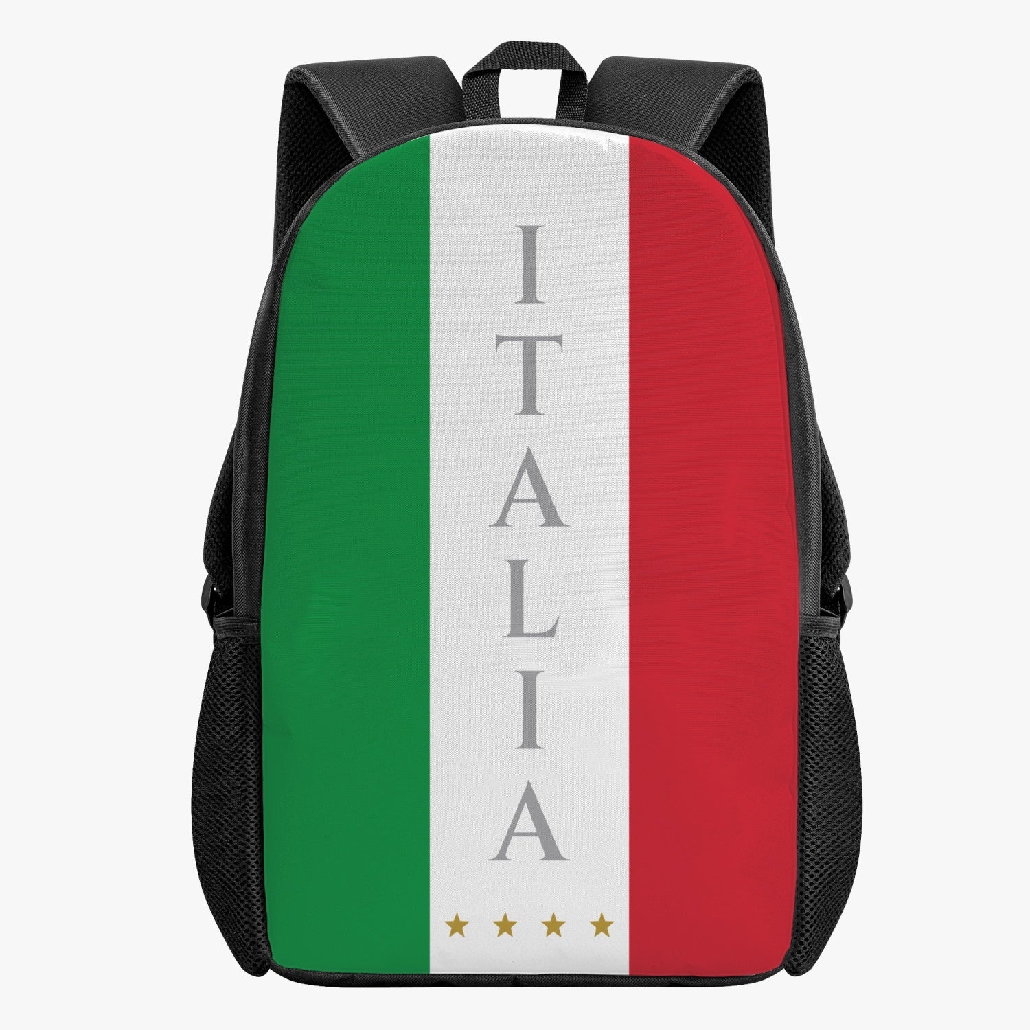 Italy Kid's School Backpack with flag design, featuring high-quality polyester, PVC fabric, two side pockets, smooth zipper closure, and spacious interior for essentials.