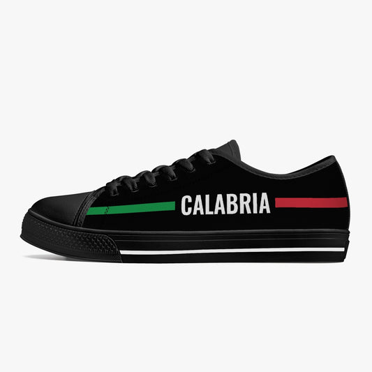 Low-Top Shoes - Calabria - men's, featuring a black canvas design with metal eyelets and lace-up closure, highlighting a classic low-top silhouette.