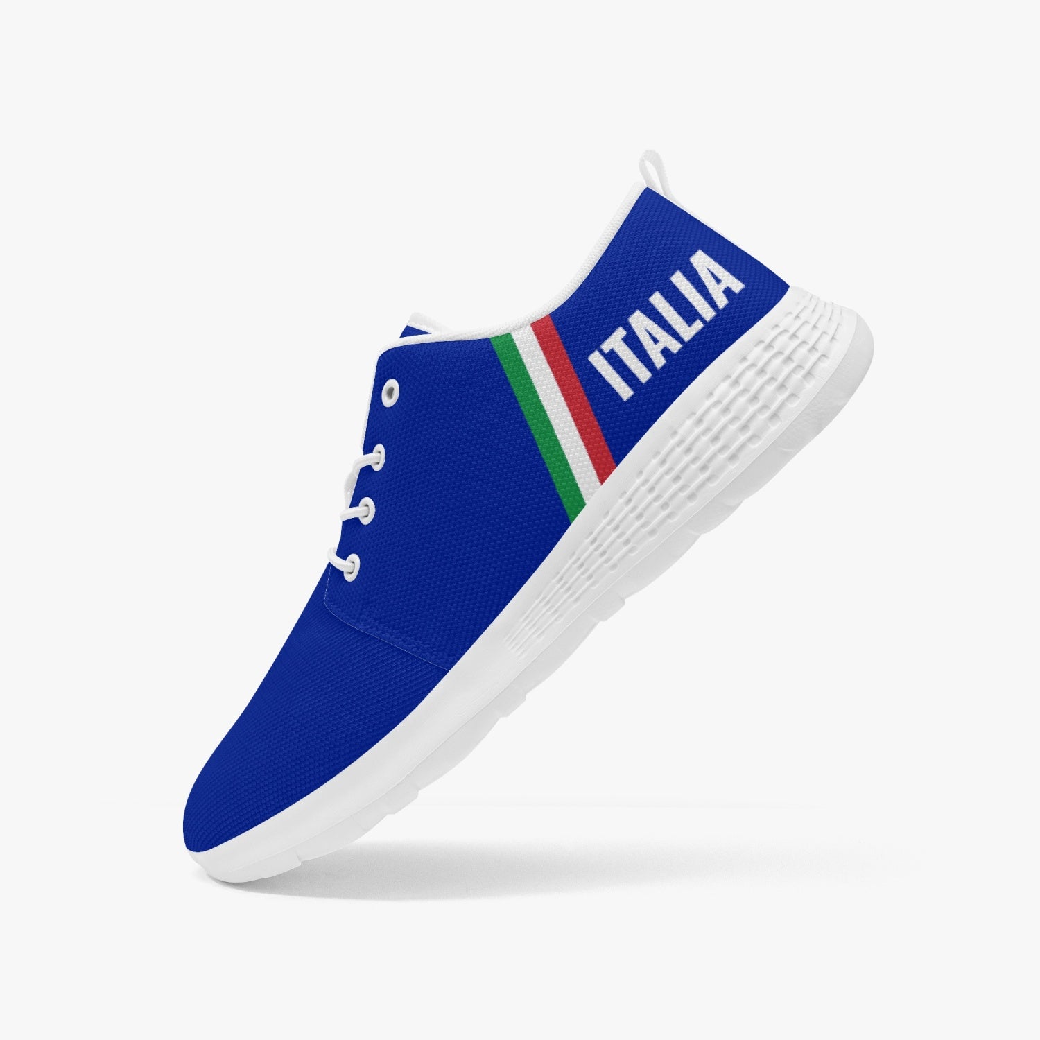 Italy Running Shoes - Forza Italia. Blue sneaker with white sole, lace-lock style, featuring breathable mesh and cushioning EVA insoles for flexible, lightweight comfort.