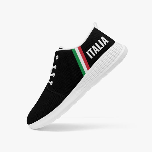 Italy Running Shoes - Forza Italia, black sneaker with white sole, red, white, and green stripe; features breathable mesh and lace-lock design for men and women.